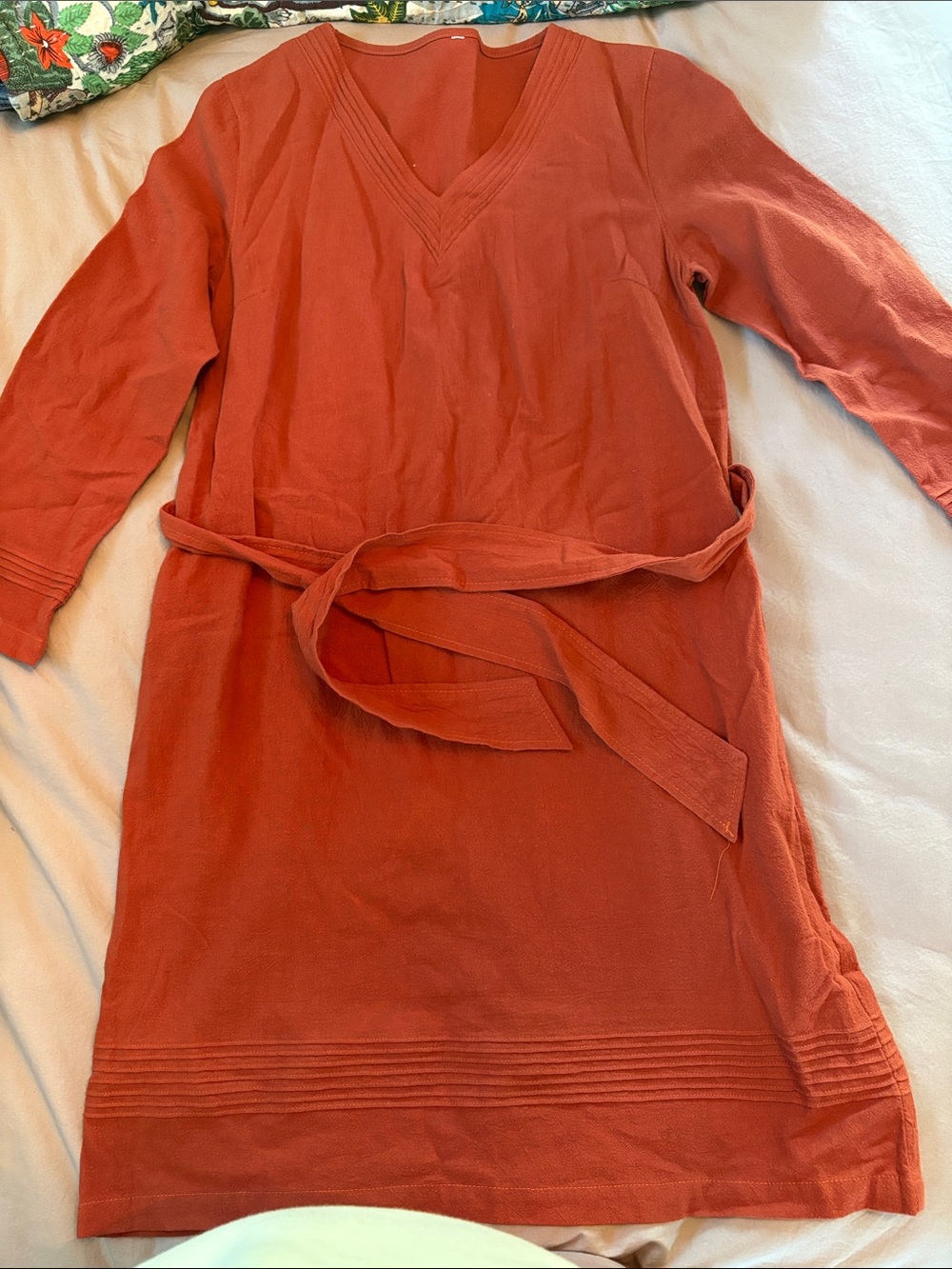 Rust V-Neck Belted Knit Dress